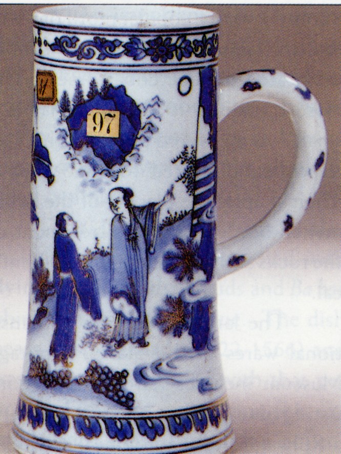 mug decorated with figures in a landscape, underglaze blue and gold, H 19.5 cm, late 1630s - 1640s, Oriental Art Vol. XL No.2 1994 State Hermitage Museum, St. Petersburg, p. 16 / b1681.jpg